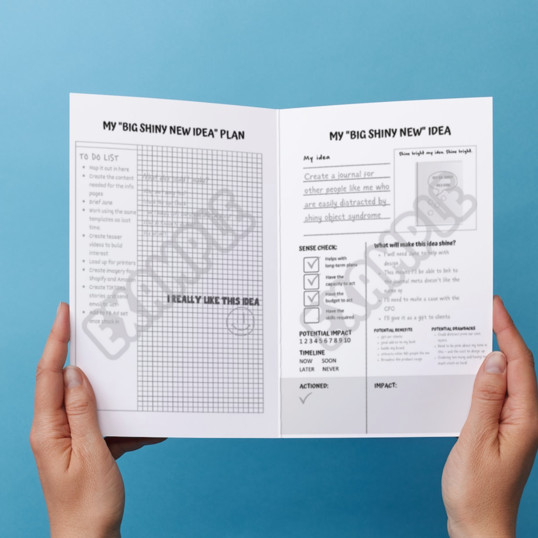 Sample pages of the Big new Shiny Big Ideasl book - use it to record your thinking and ideas